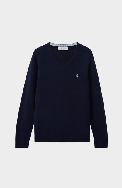 Pringle V Neck Lambswool Jumper in Midnight with Contrast Tipping flat shot