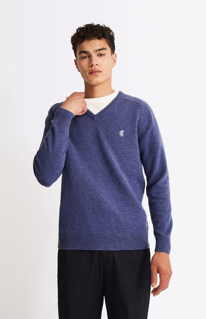 Pringle V Neck Lambswool Jumper in Dark Indigo with Contrast Tipping neck detail