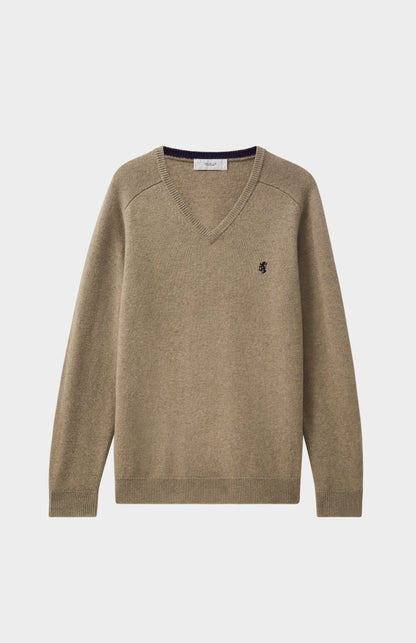 Pringle V Neck Lambswool Jumper in Dark Natural with Contrast Tipping flat shot