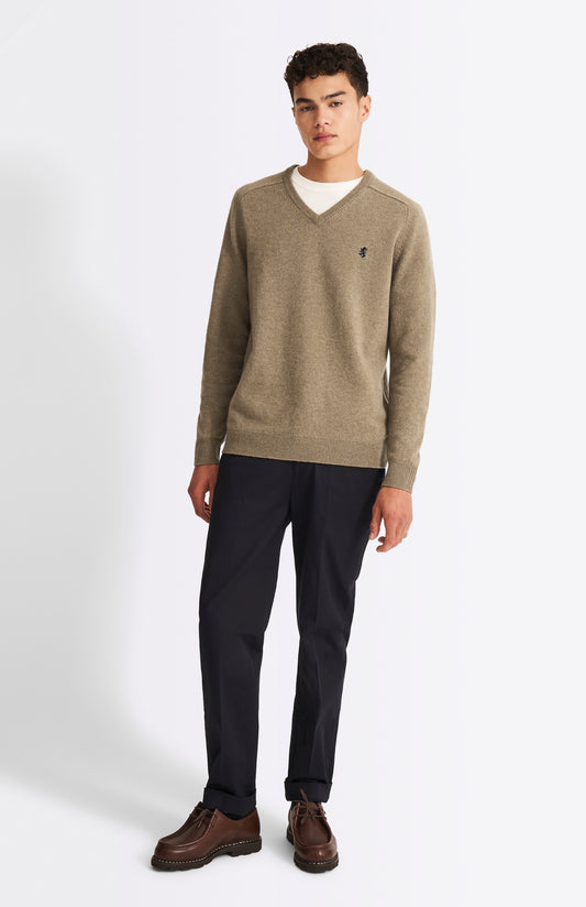 Pringle V Neck Lambswool Jumper in Dark Natural with Contrast Tipping on model full length