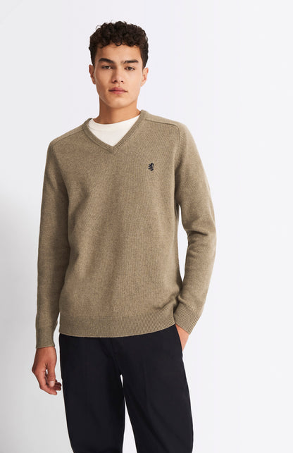 Pringle V Neck Lambswool Jumper in Dark Natural with Contrast Tipping