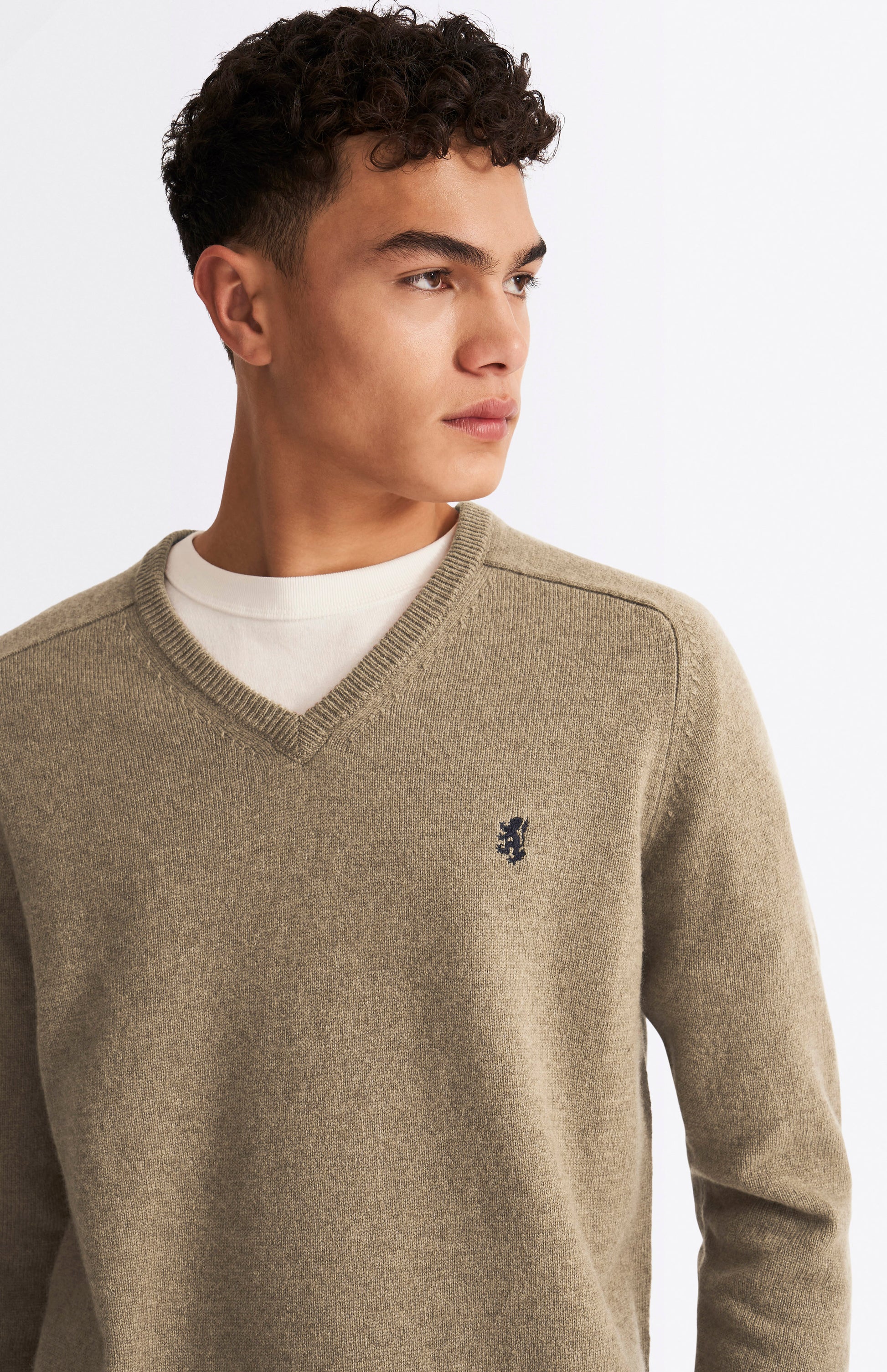 Pringle V Neck Lambswool Jumper in Dark Natural with Contrast Tipping neck detail