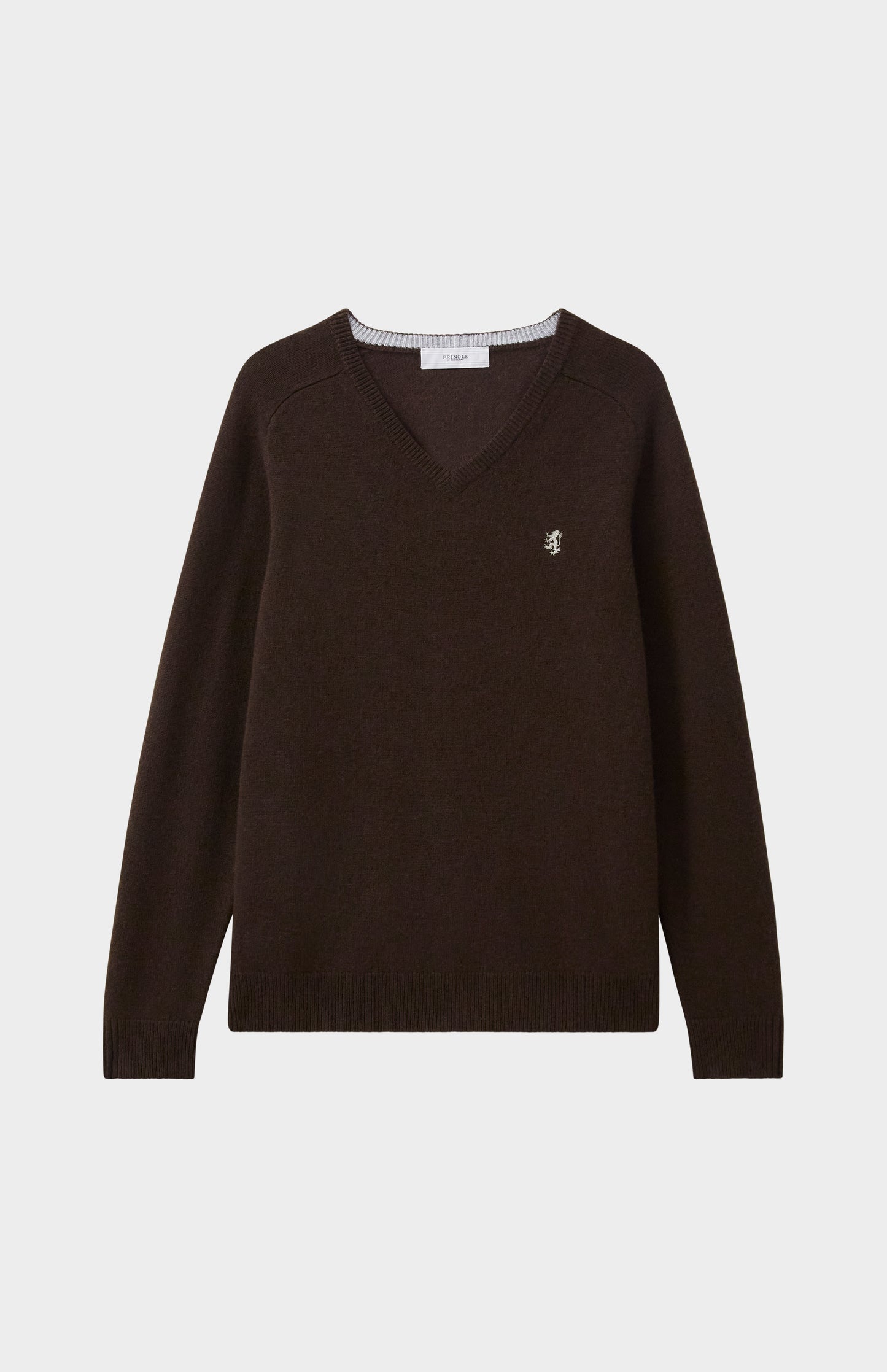 Pringle V Neck Lambswool Jumper in Dark Umber with Contrast Tipping flat shot