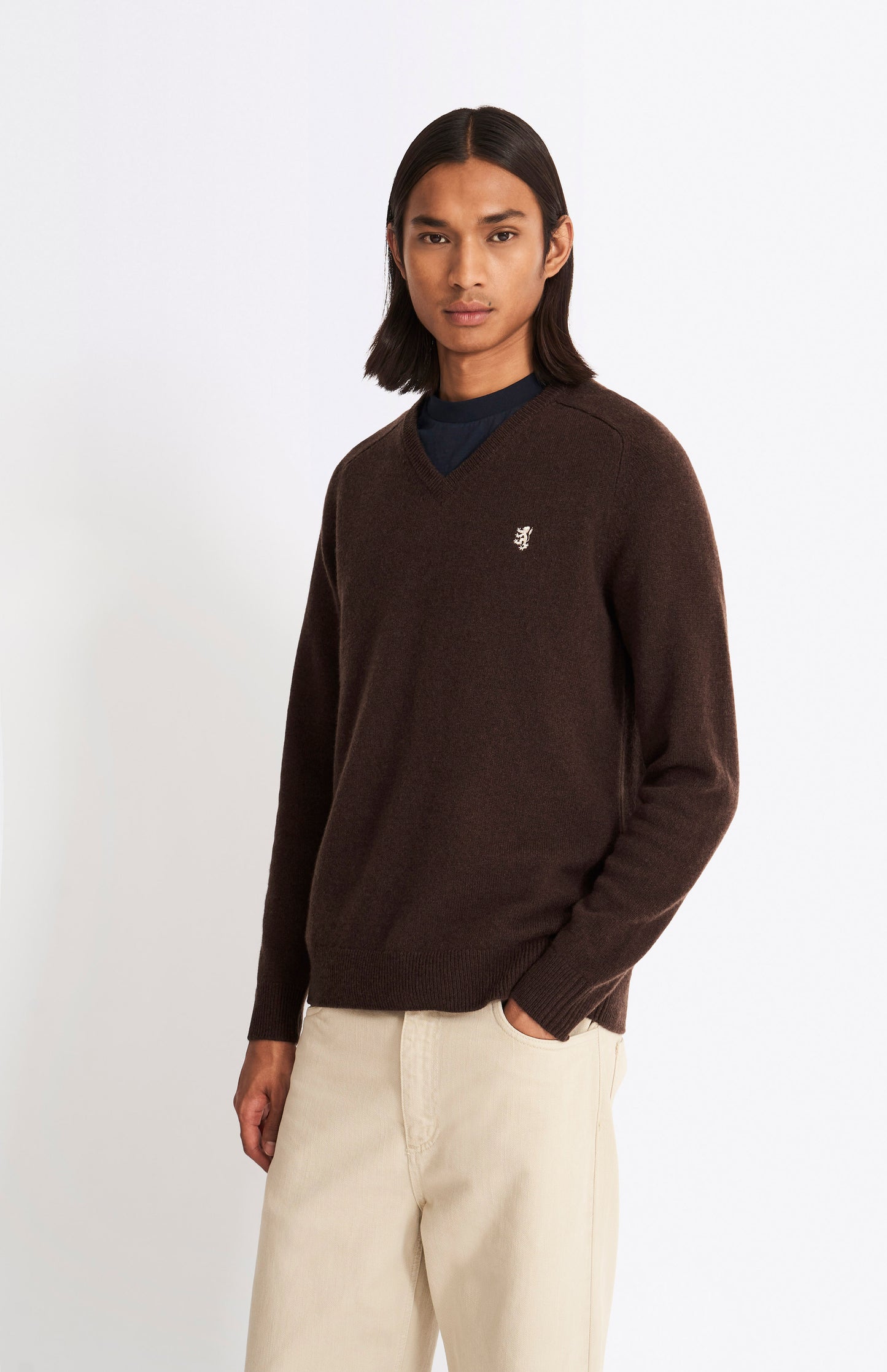 Pringle V Neck Lambswool Jumper in Dark Umber with Contrast Tipping