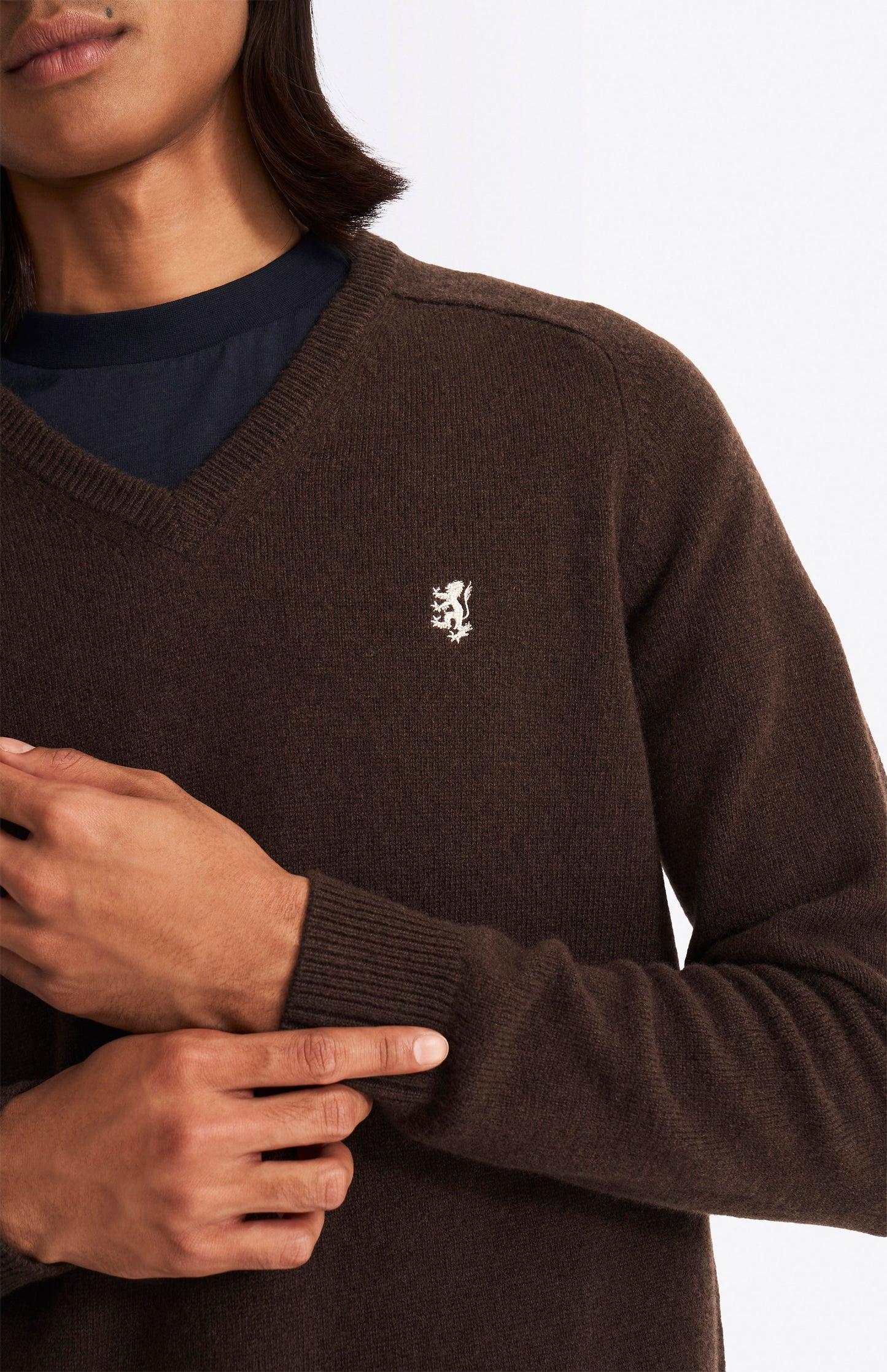 Pringle V Neck Lambswool Jumper in Dark Umber with Contrast Tipping embroidery detail