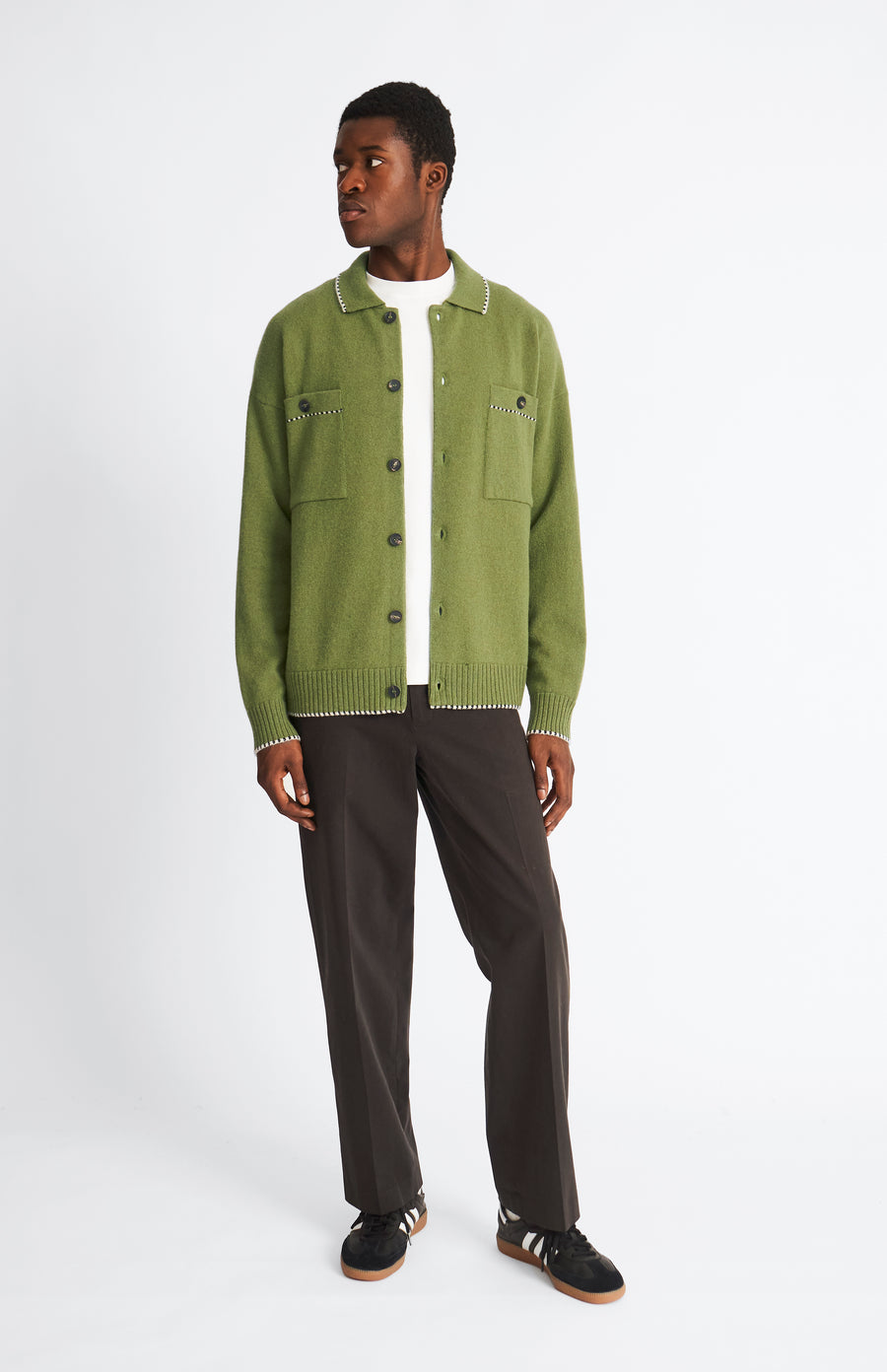 Pringle of Scotland Knitted lambswool overshirt in mineral green with contrast edging unbuttoned