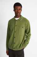 Pringle of Scotland Knitted lambswool overshirt in mineral green with contrast edging on model