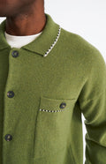 Pringle of Scotland Knitted lambswool overshirt in mineral green with contrast edging showing pocket