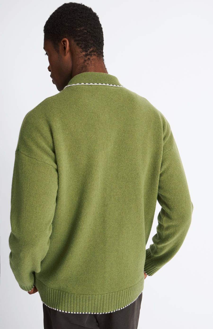 Pringle of Scotland Knitted lambswool overshirt in mineral green with contrast edging rear view