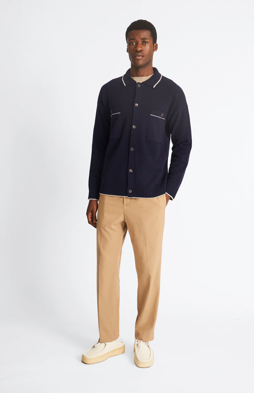 Pringle Knitted lambswool overshirt in Navy with contrast edging on model full length
