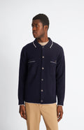 Pringle Knitted lambswool overshirt in Navy with contrast edging on model