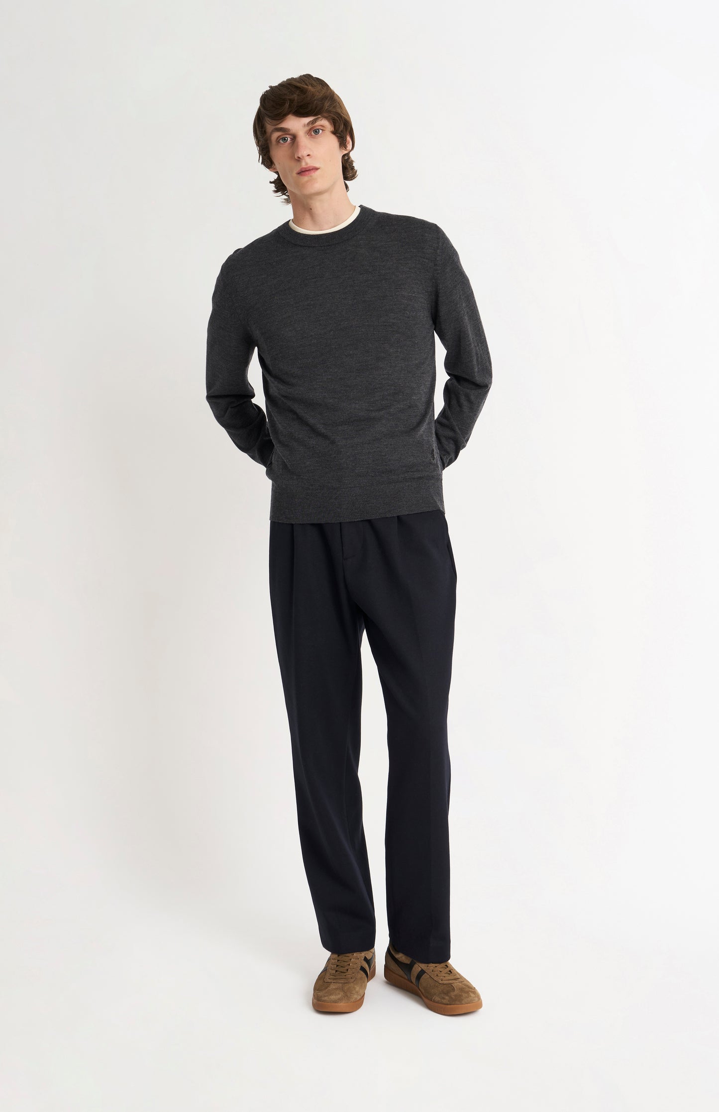 Men's Crew Neck Extra Fine Merino Wool Jumper In Charcoal Melange