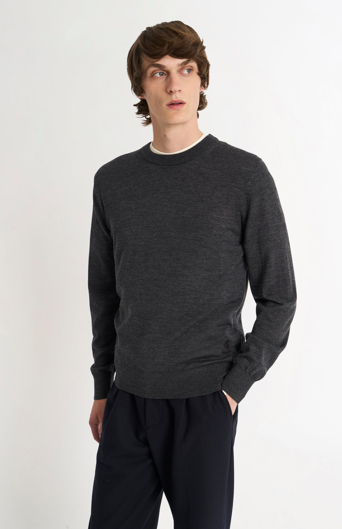 Men's Crew Neck Extra Fine Merino Wool Jumper In Charcoal Melange