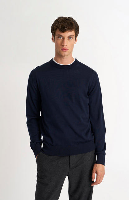 Men's Crew Neck Extra Fine Merino Wool Jumper In Navy Blue