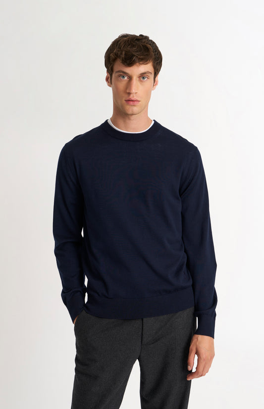 Men's Crew Neck Extra Fine Merino Wool Jumper In Navy Blue