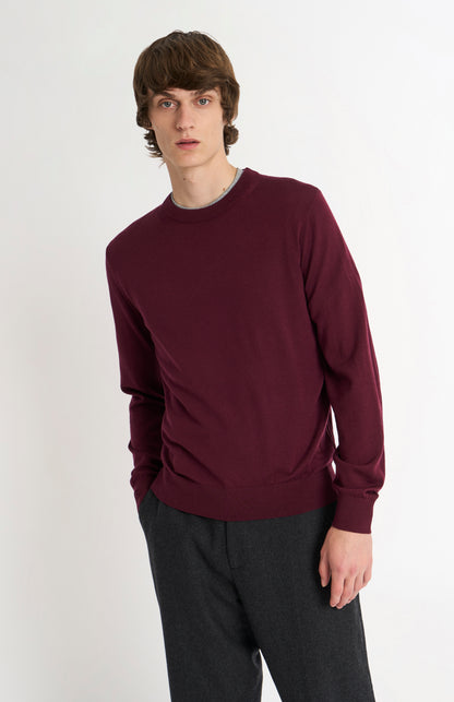 Men's Crew Neck Extra Fine Merino Wool Jumper In Burgundy