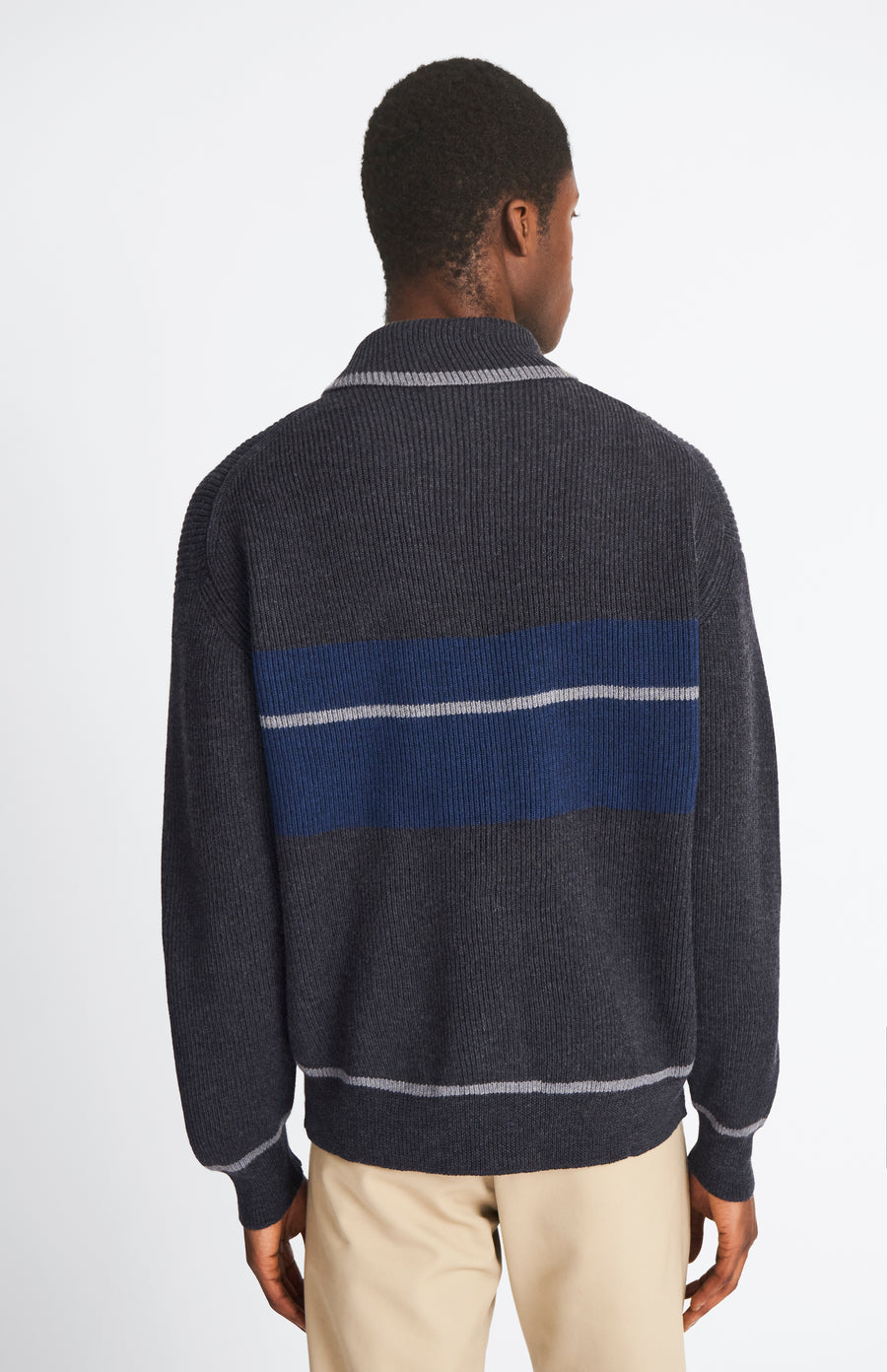 Pringle of Scotland Men's Merino Half Zip Sweater In Charcoal showing rear stripe detail