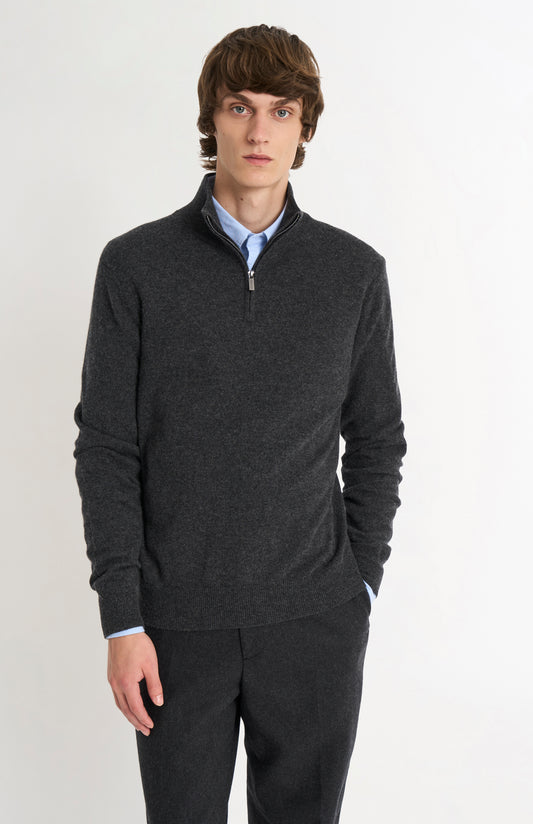Men's Classic Qtr Zip Cashmere Jumper In Charcoal Melange