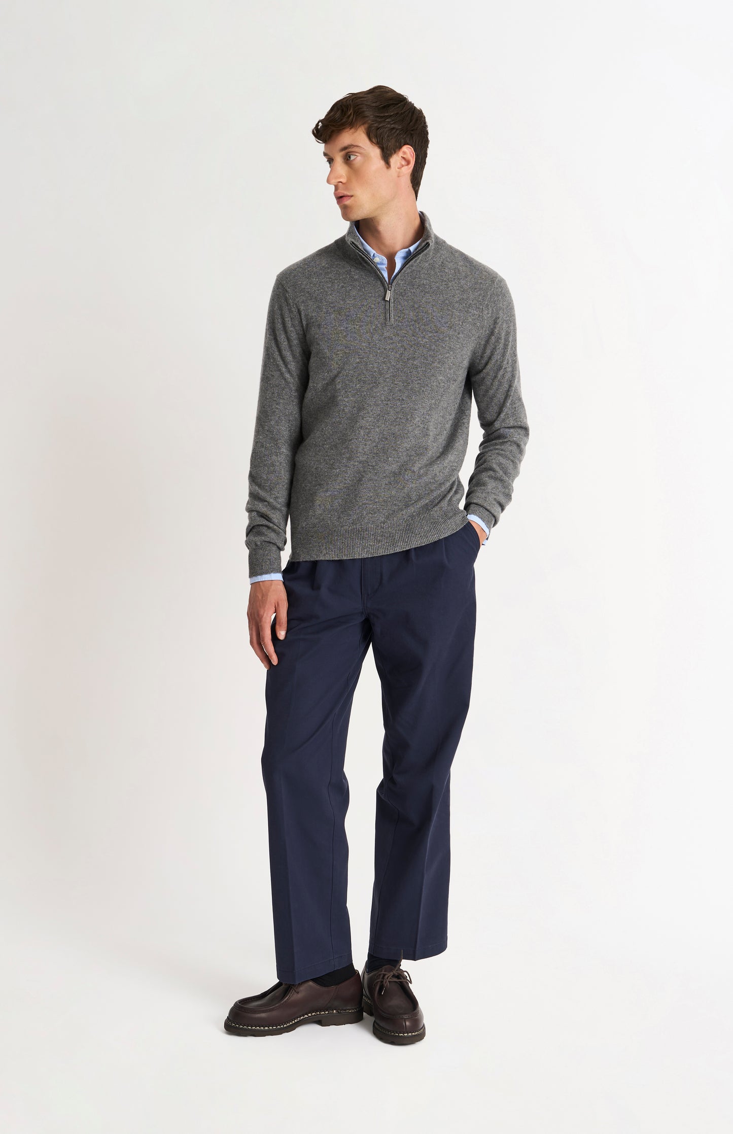 Men's Classic Qtr Zip Cashmere Jumper In Light Grey Melange