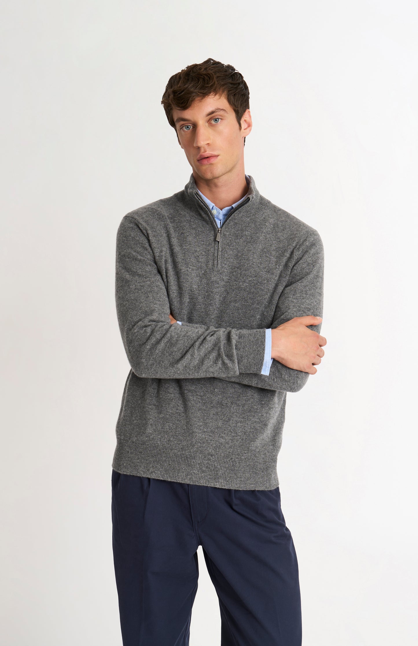 Men's Classic Qtr Zip Cashmere Jumper In Light Grey Melange