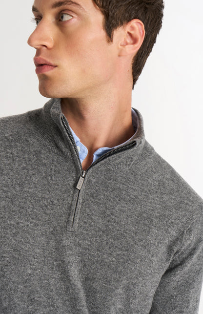 Men's Classic Qtr Zip Cashmere Jumper In Light Grey Melange