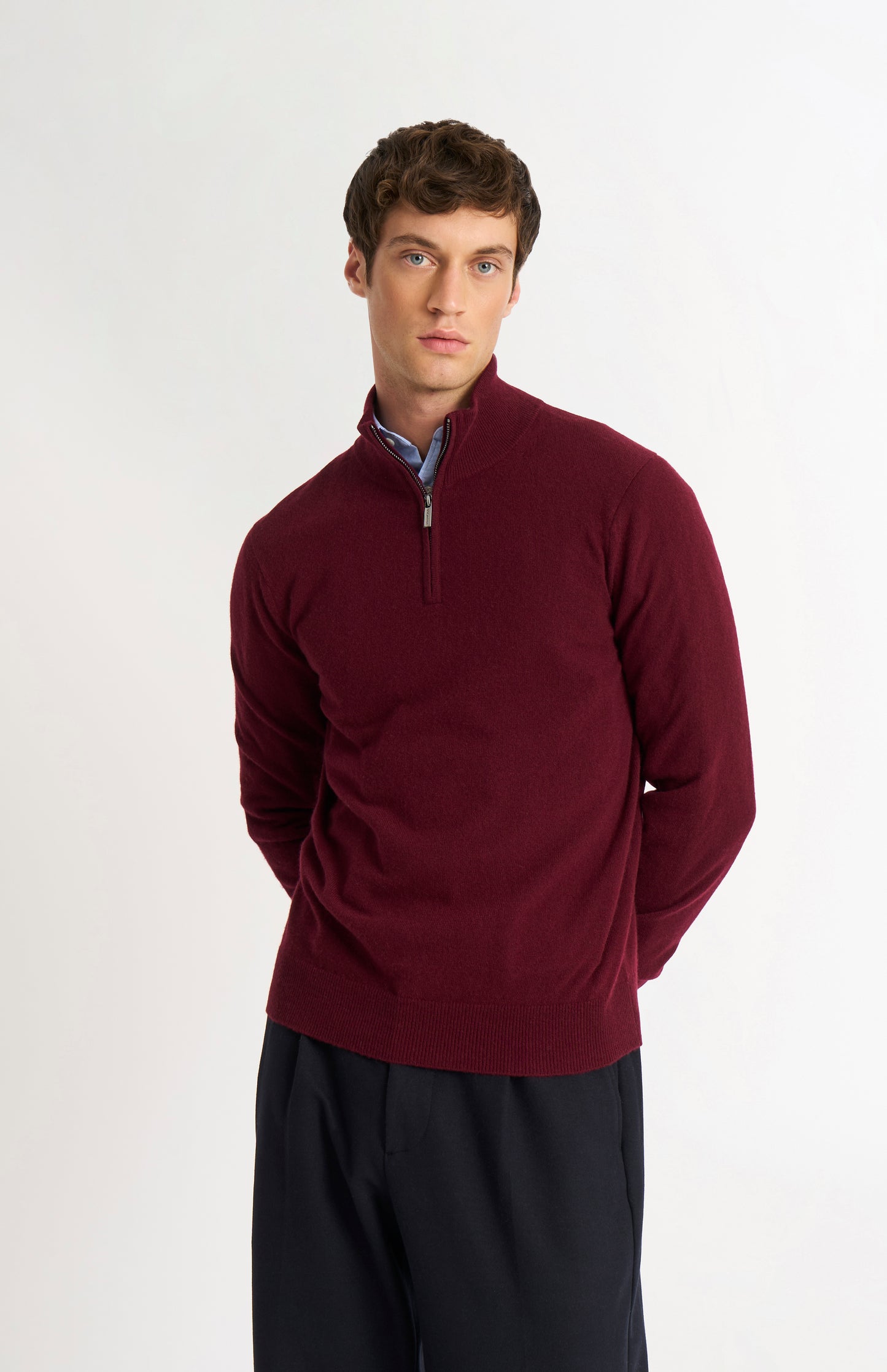 Men's Classic Qtr Zip Cashmere Jumper In Burgundy