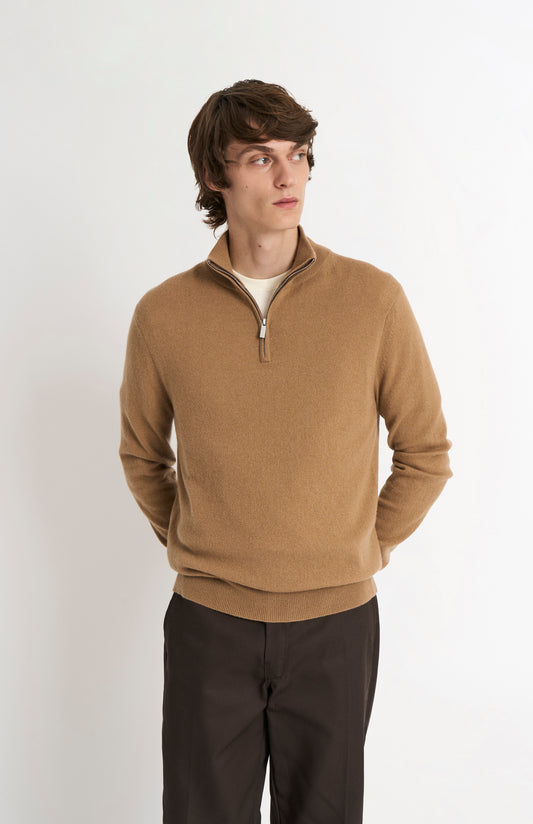 Pringle of Scotland Men’s Cashmere Qtr Zip Jumper In Camel on model