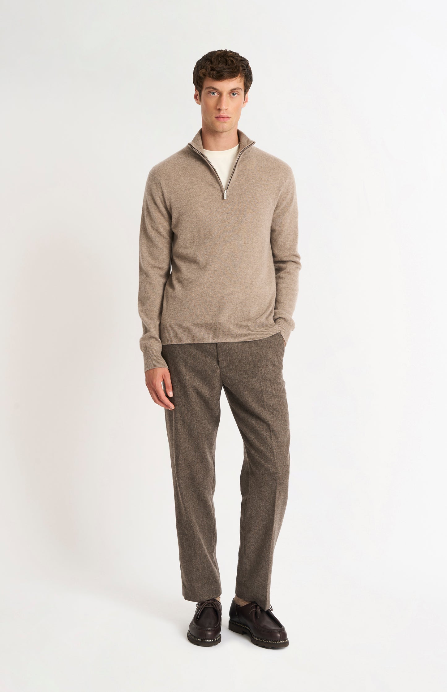 Men's Classic Qtr Zip Cashmere Jumper In Mushroom