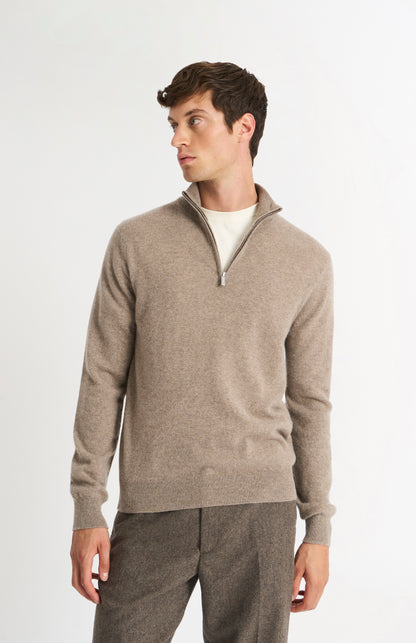 Men's Classic Qtr Zip Cashmere Jumper In Mushroom