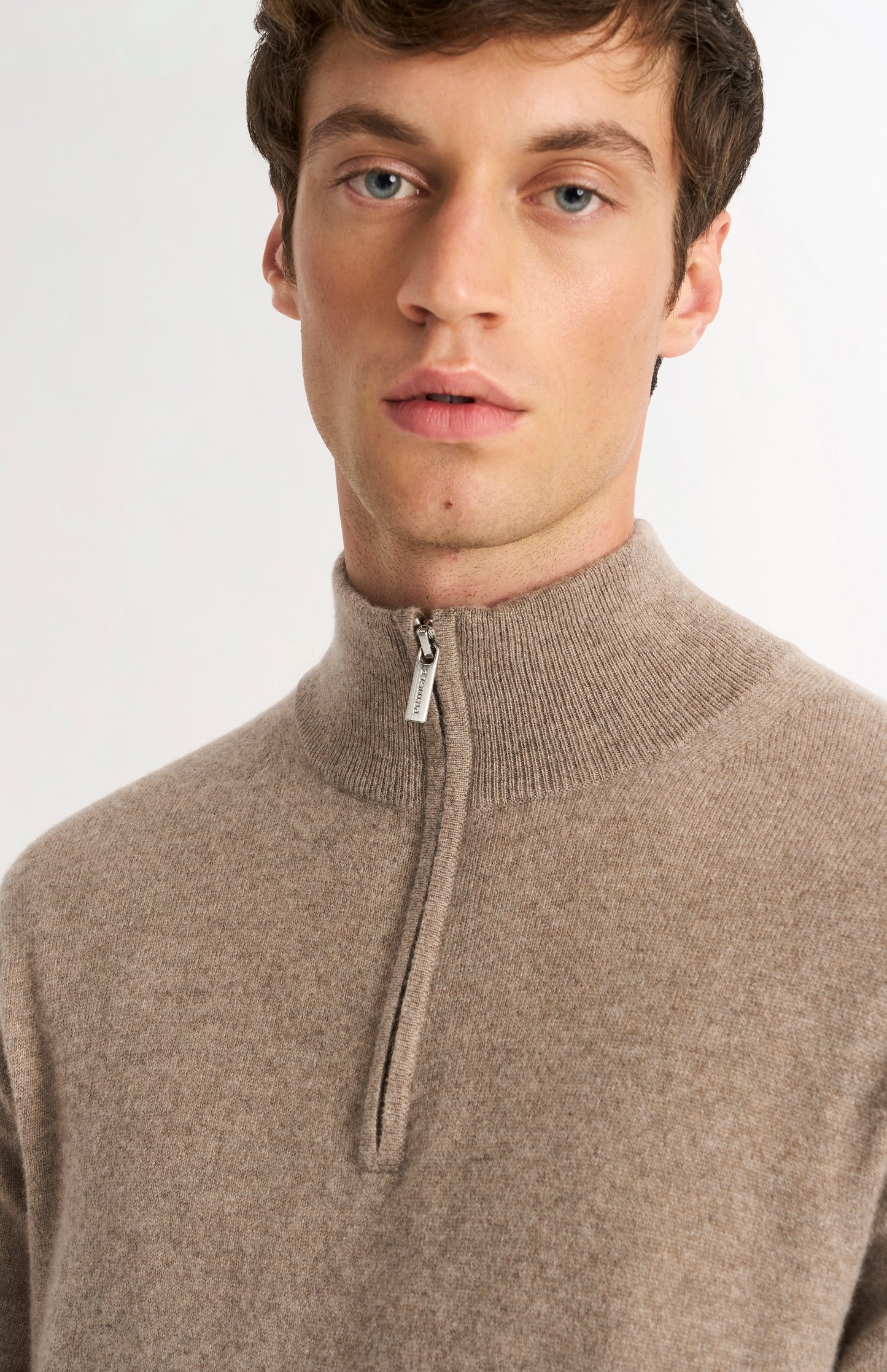 Men's Classic Qtr Zip Cashmere Jumper In Mushroom