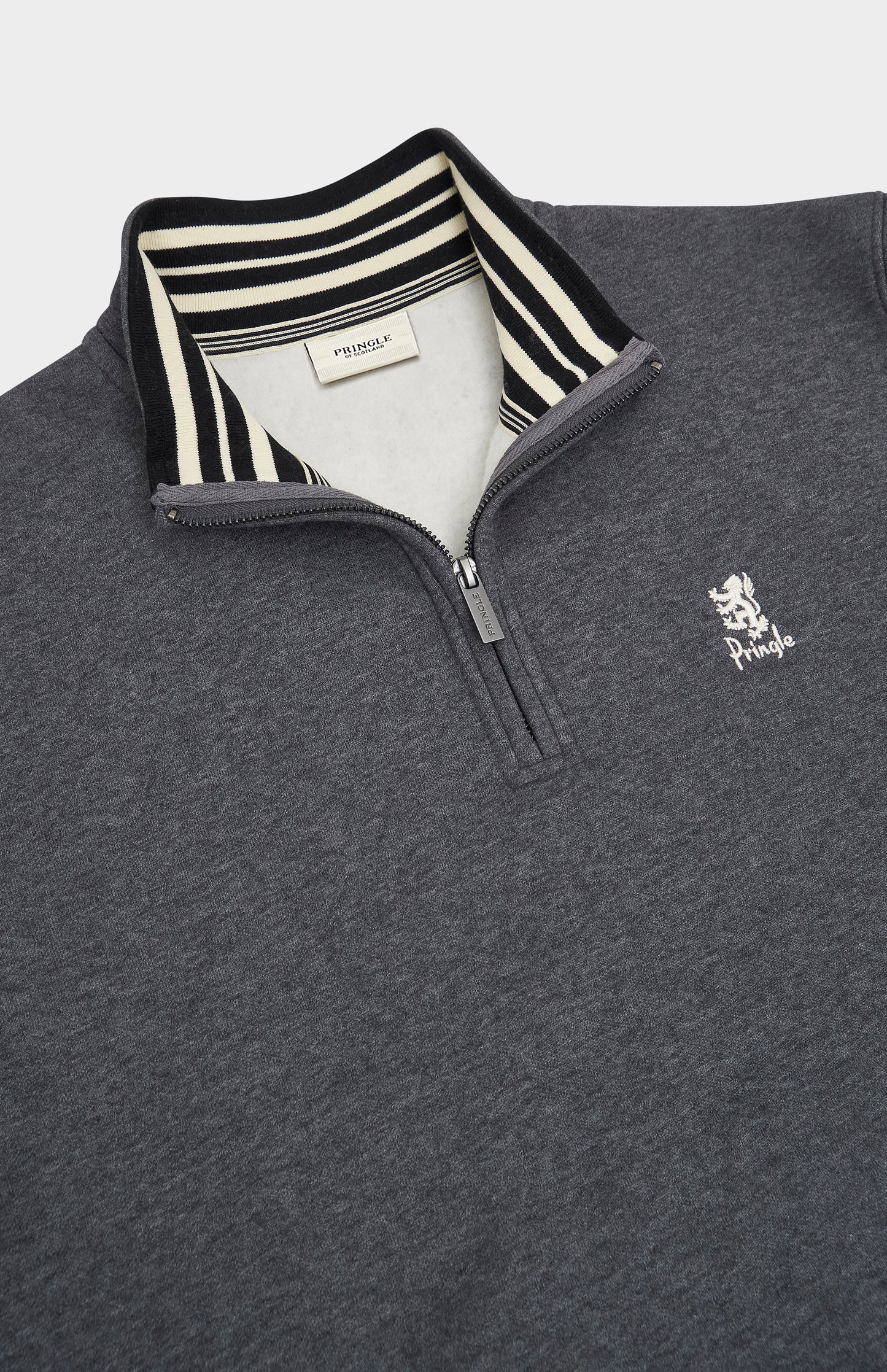Pringle of Scotland Men's Qtr Zip Track Jumper In Charcoal Melange neck detail with house stripe