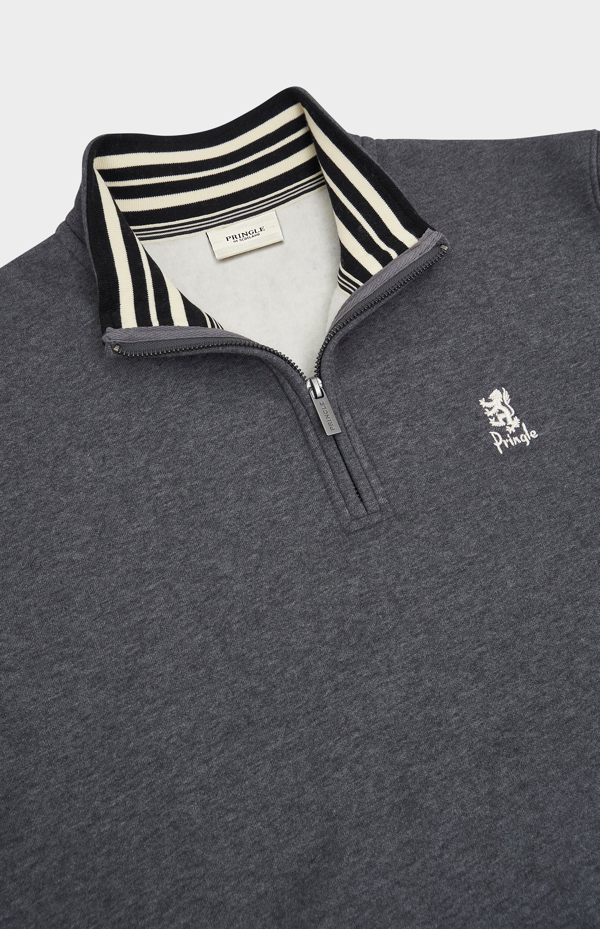 Pringle of Scotland Men's Qtr Zip Track Jumper In Charcoal Melange neck detail with house stripe