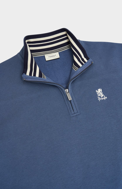 Pringle of Scotland Men's Qtr Zip Track Jumper In Bering Sea Blue neck house stripe detail