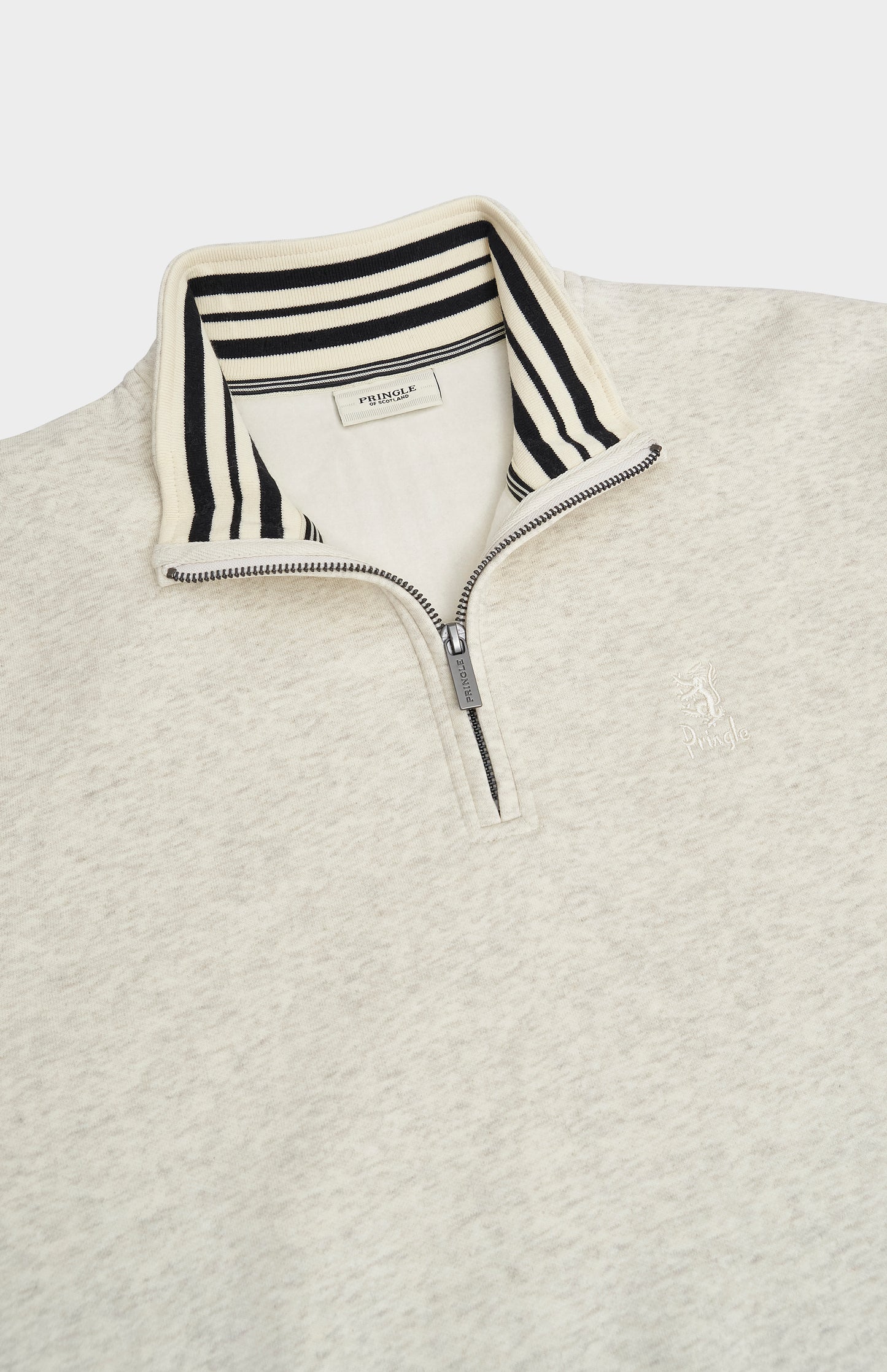 Pringle of Scotland Men's Qtr Zip Track Jumper In Ecru Beige Melange detail showing house stripe