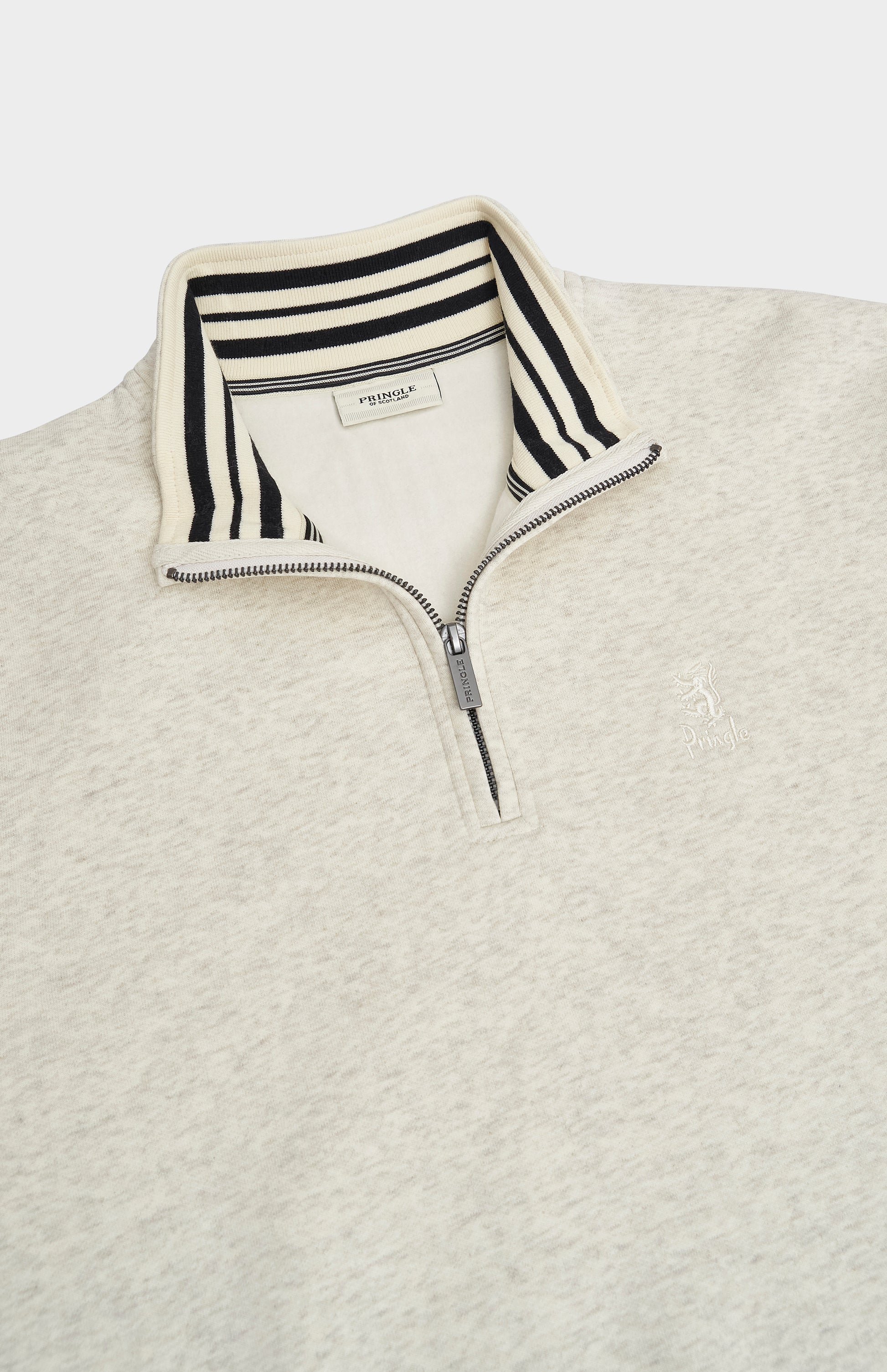 Pringle of Scotland Men's Qtr Zip Track Jumper In Ecru Beige Melange detail showing house stripe