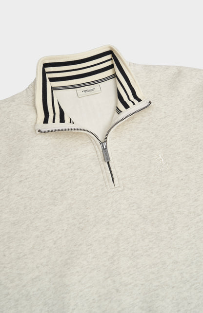 Pringle of Scotland Men's Qtr Zip Track Jumper In Ecru Beige Melange detail showing house stripe