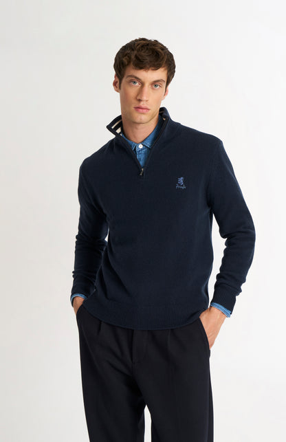 Men's Classic Qtr Zip Supersoft Lambswool Jumper In Navy Blue