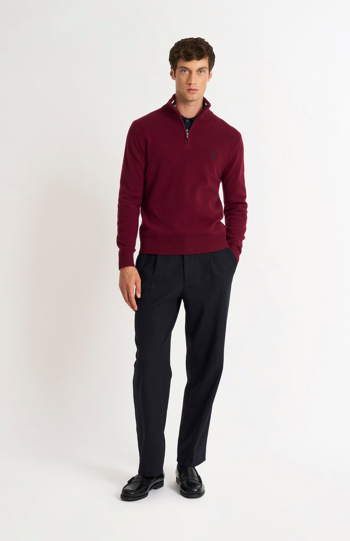 Men's Classic Qtr Zip Supersoft Lambswool Jumper In Burgundy