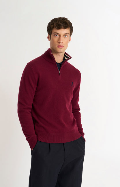 Men's Classic Qtr Zip Supersoft Lambswool Jumper In Burgundy