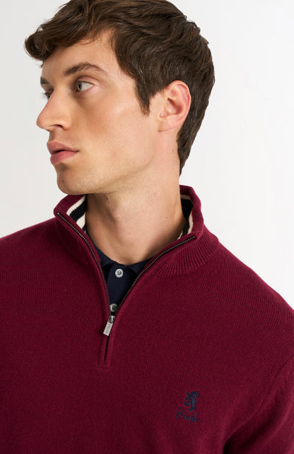 Men's Classic Qtr Zip Supersoft Lambswool Jumper In Burgundy