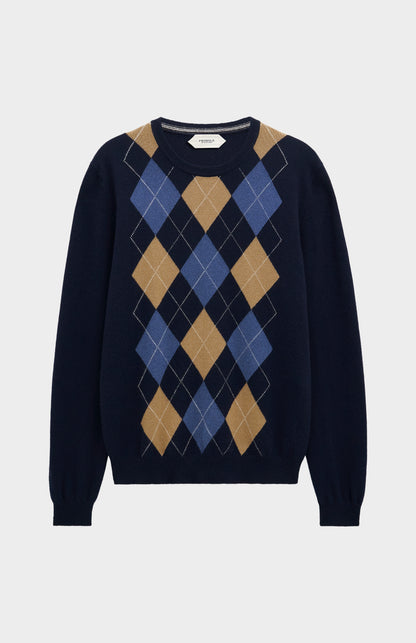 Men's Classic Crew Neck Cashmere Argyle Jumper In Navy / Camel / Blue