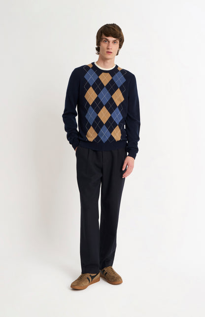 Men's Classic Crew Neck Cashmere Argyle Jumper In Navy / Camel / Blue