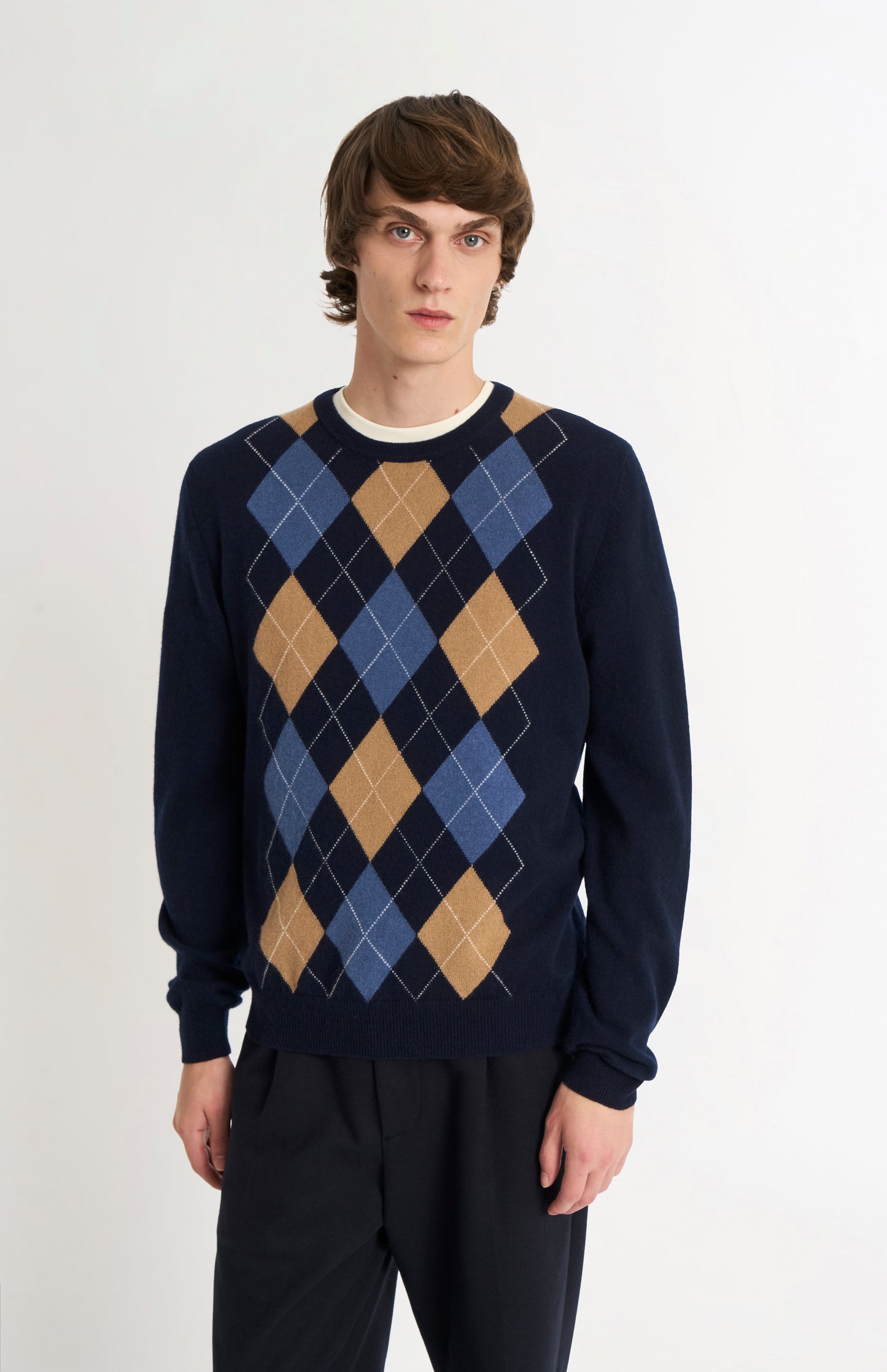 Men's Classic Crew Neck Cashmere Argyle Jumper In Navy / Camel / Blue