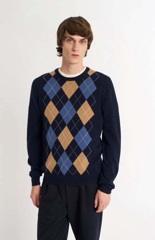 Men's Classic Crew Neck Cashmere Argyle Jumper In Navy / Camel / Blue
