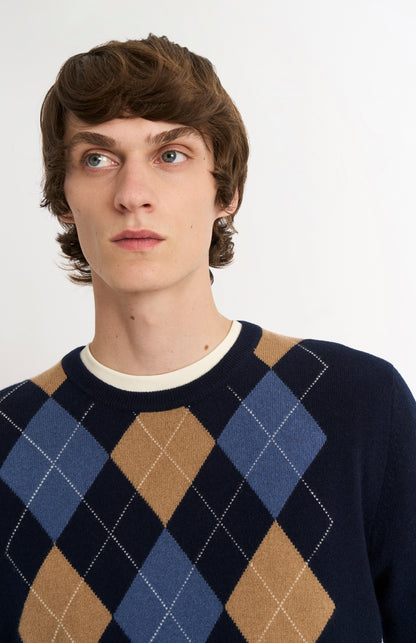 Men's Classic Crew Neck Cashmere Argyle Jumper In Navy / Camel / Blue