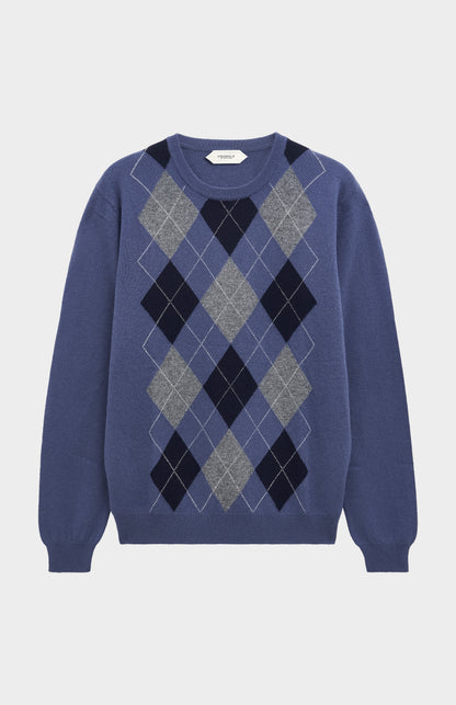 Men's Classic Crew Neck Cashmere Argyle Jumper In Blue / Navy / Grey