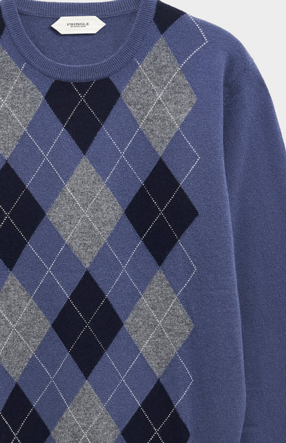 Men's Classic Crew Neck Cashmere Argyle Jumper In Blue / Navy / Grey