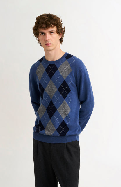 Men's Classic Crew Neck Cashmere Argyle Jumper In Blue / Navy / Grey