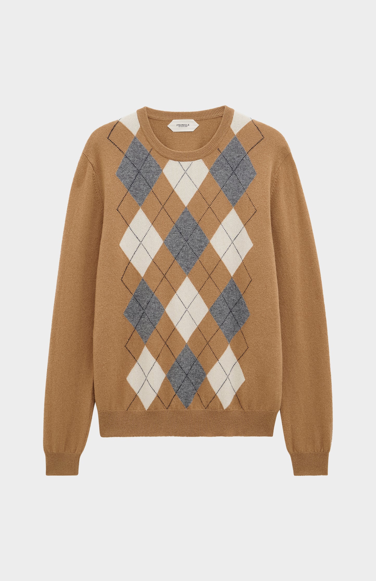 Men's Classic Crew Neck Cashmere Argyle Jumper In Camel / Ecru / Grey