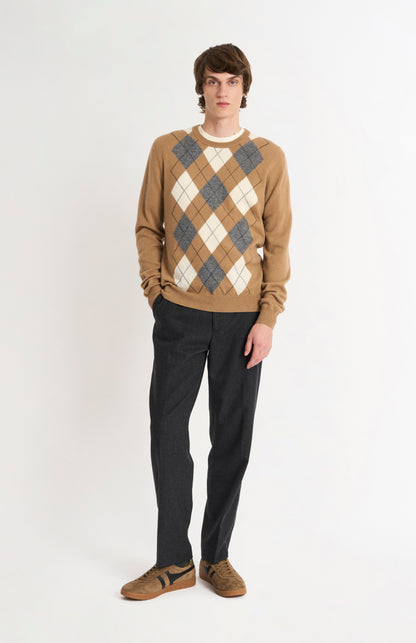 Men's Classic Crew Neck Cashmere Argyle Jumper In Camel / Ecru / Grey